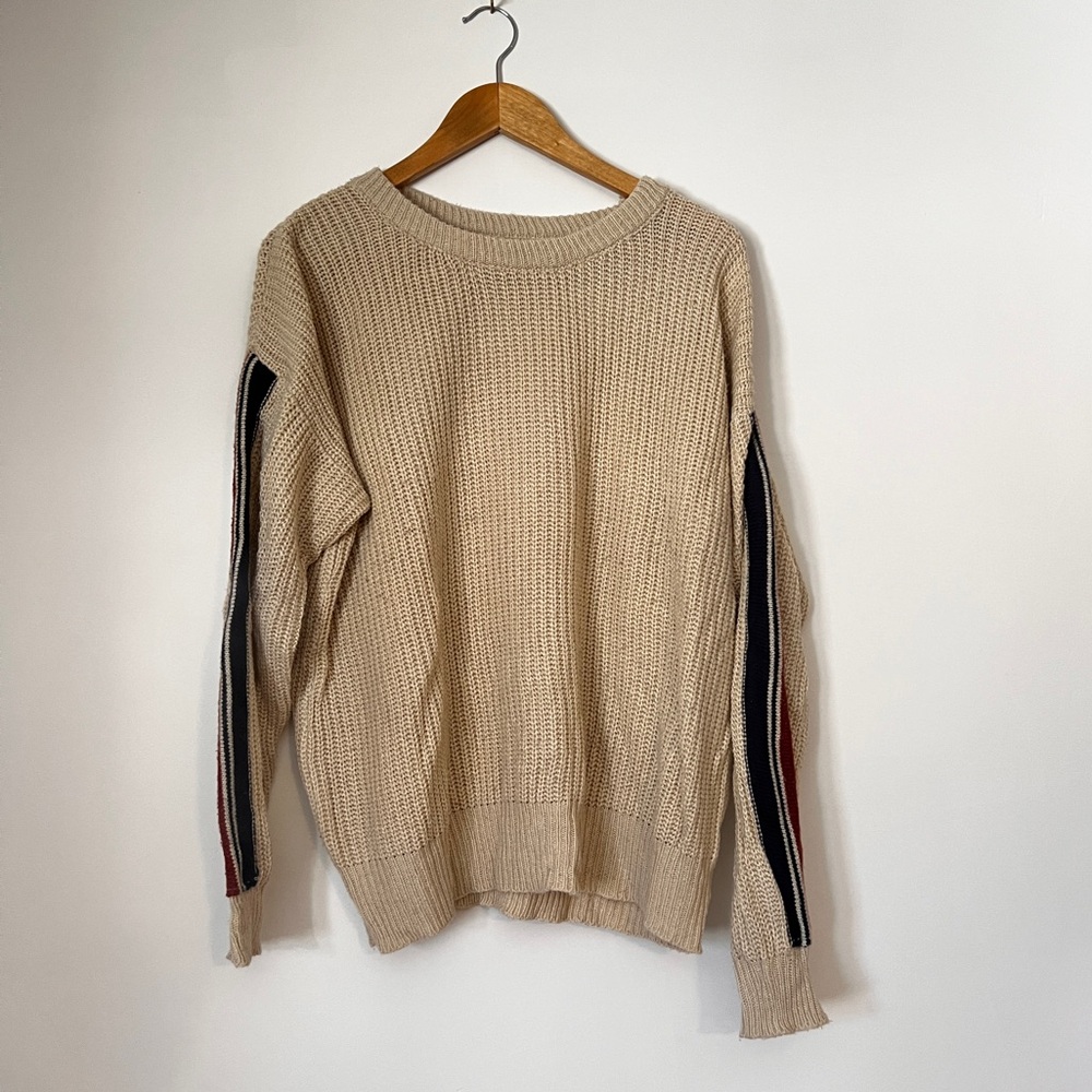 &Merci Tan Long Sleeve Crewneck Sweater, with Sleeve Stripes, sz. L
